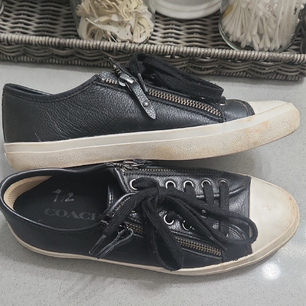 Coach Black Leather Women's Sneakers with Zipper Detail